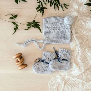 Blue Merino Wool Bonnet & Bootie Set