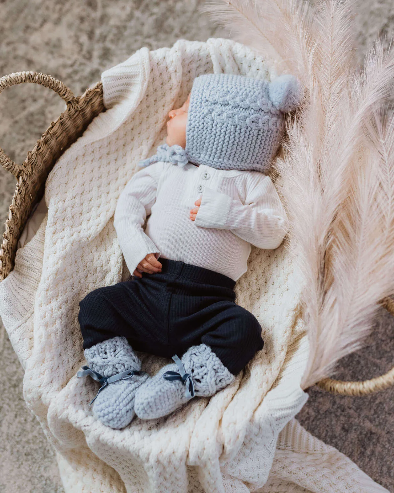 Blue Merino Wool Bonnet & Bootie Set