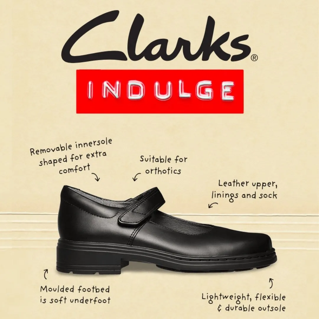 CLARKS JUNIOR INDULGE MARY JANE TRIPLE BLACK LEATHER SHOE (WIDTH E)