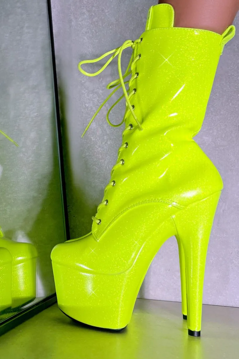 Hella Heels The Glitterati 7inch Boots - Citrus Yellow Burst