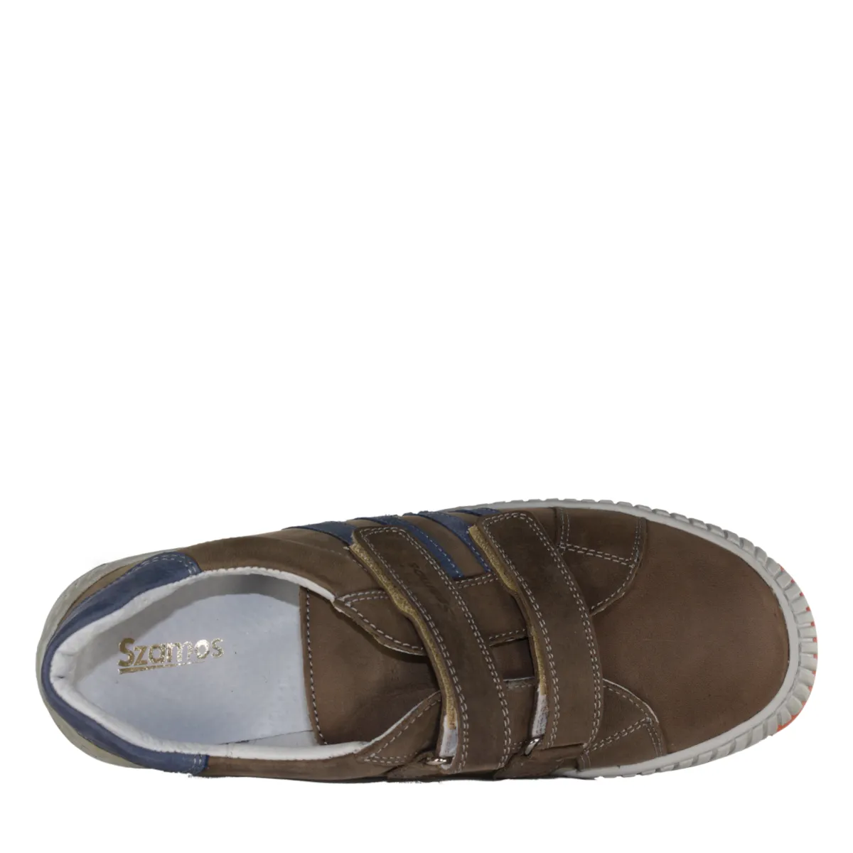 Szamos kid boy sneakers in brown color with blue stripes and double velcro strap big kid size