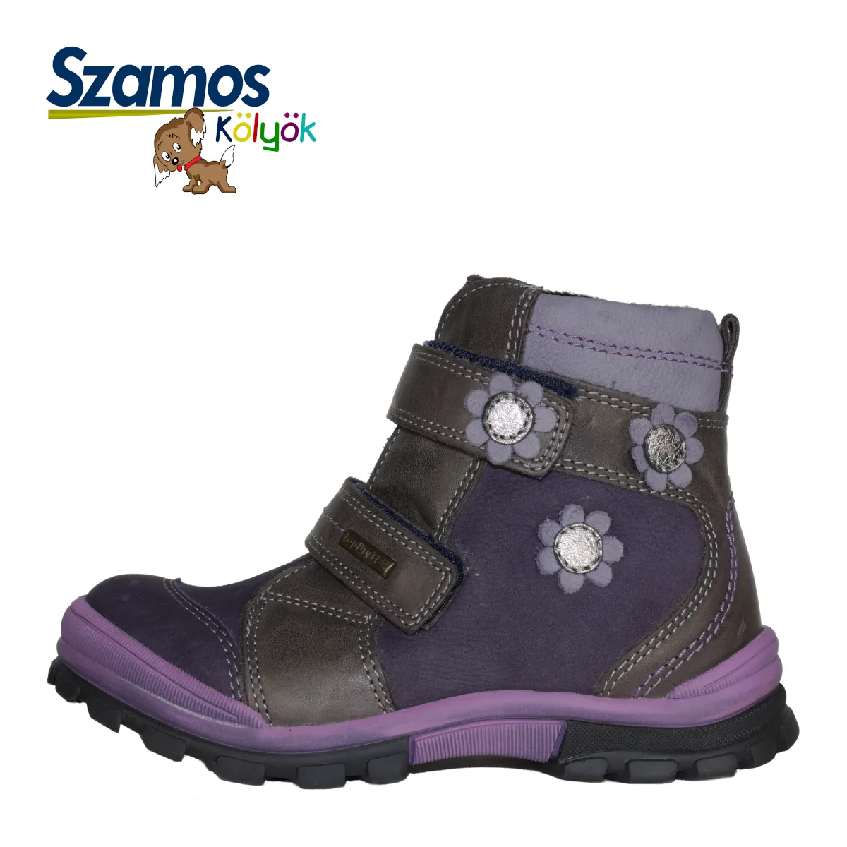 Szamos kid girl boots purple with grey velcro straps and purple flowers little kid/big kid size