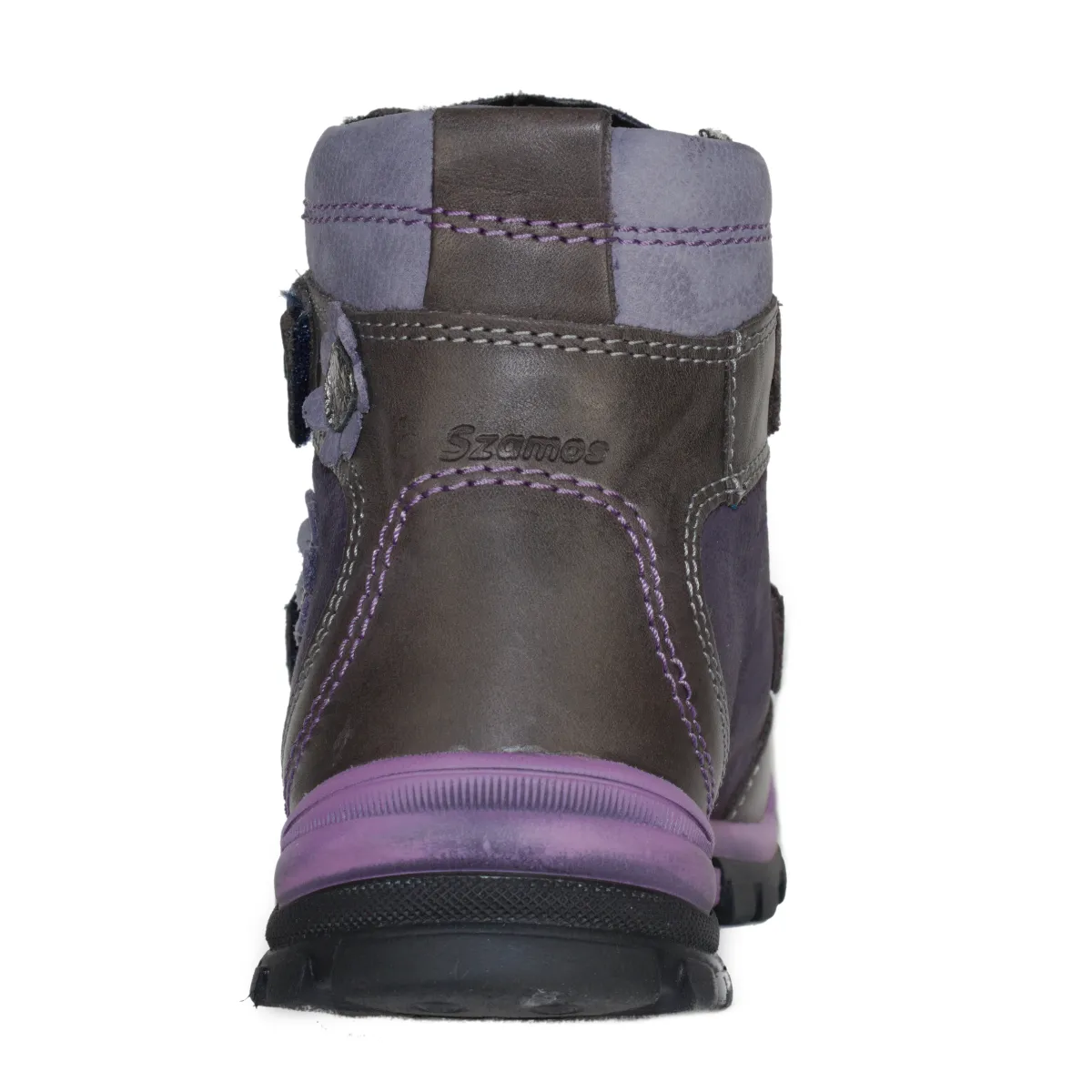 Szamos kid girl boots purple with grey velcro straps and purple flowers little kid/big kid size