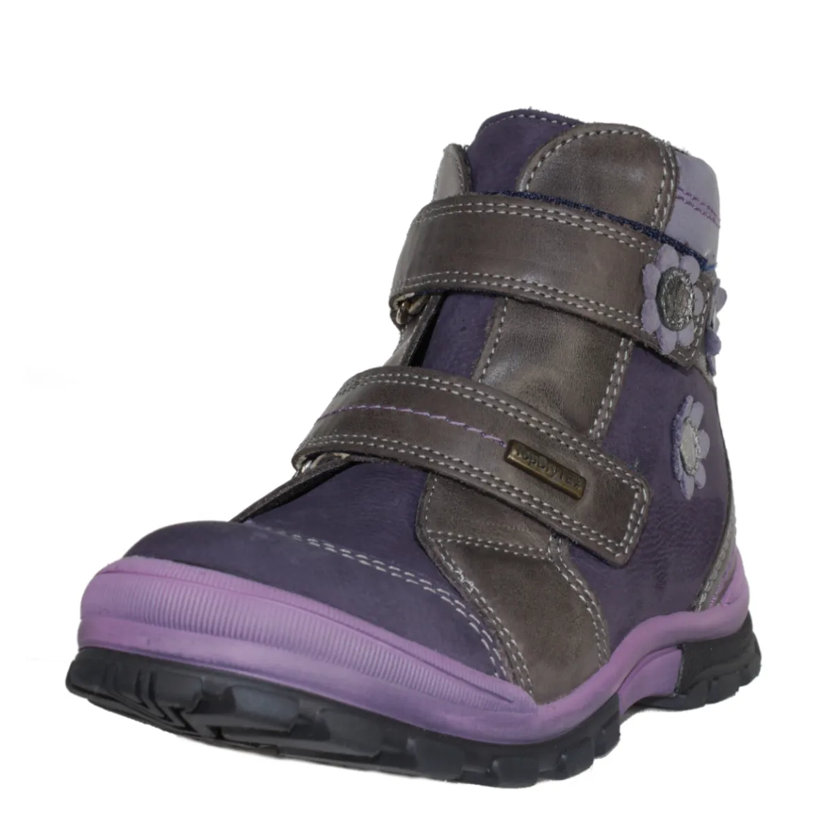 Szamos kid girl boots purple with grey velcro straps and purple flowers little kid/big kid size